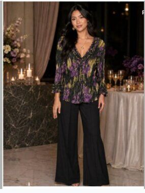 Piano Women’s 3X Black Purple Olive Floral Crinkle Ruffle Blouse Romantic Fairy